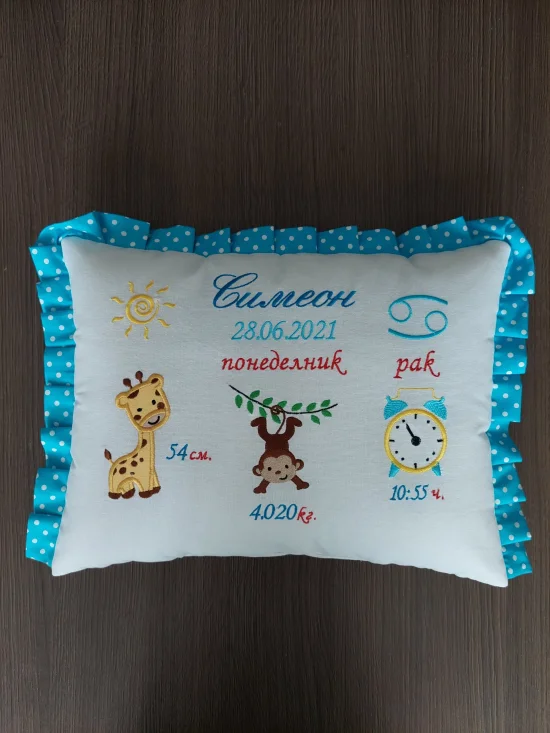 Възглавничка- визитка Бебешка възглавничка визитка МАЙМУНКА със сини къдрички