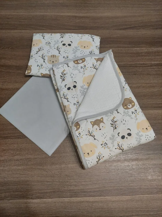 Комплекти за бебешка количка Комплект за количка ГОРСКИ ЖИВОТНИ в сиво и вафлено пике