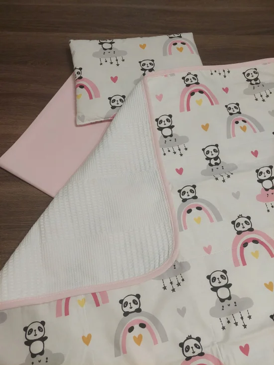 Комплекти за бебешка количка Комплект за количка ПАНДИ  в розово и вафлено пике