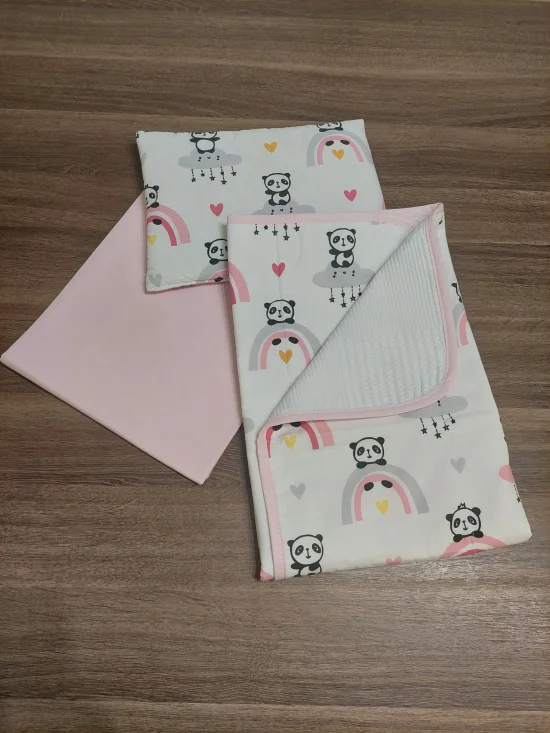 Комплекти за бебешка количка Комплект за количка ПАНДИ  в розово и вафлено пике