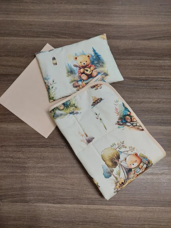 Комплекти за количка от Ранфорс Комплект за количка МЕЧЕТА НА ПИКНИК 3D с бежово плетено пике